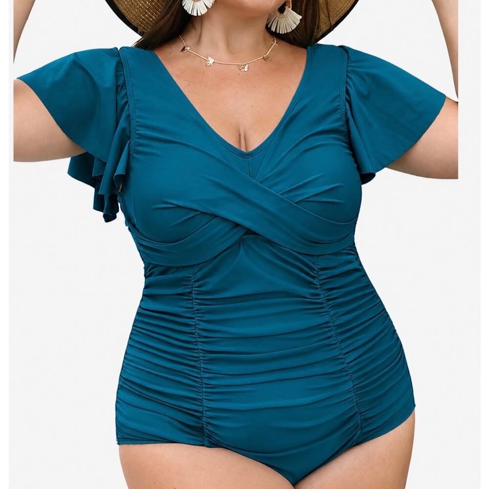 Women Plus Size One Piece Tummy Control Ruffle Sleeves Swimsuit 3XL NWT